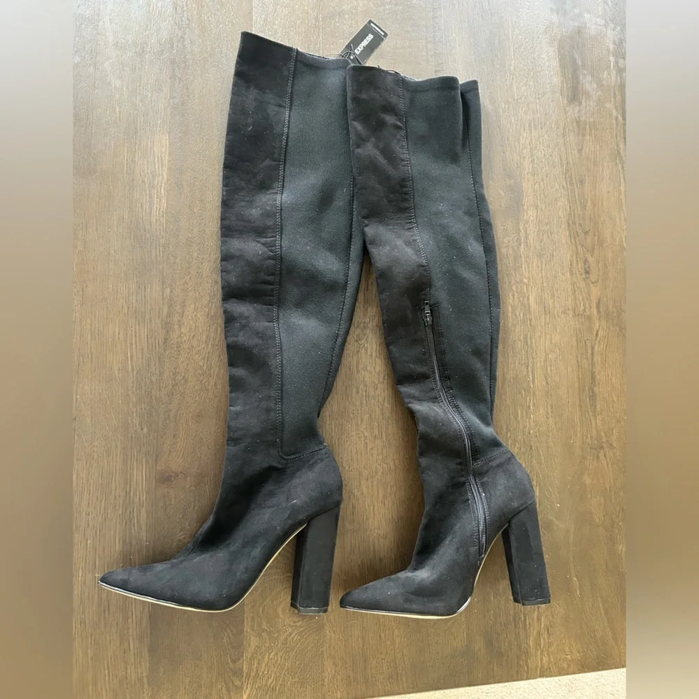 Express NWT over the knee black sock boots thigh high pointy toe chunky heel